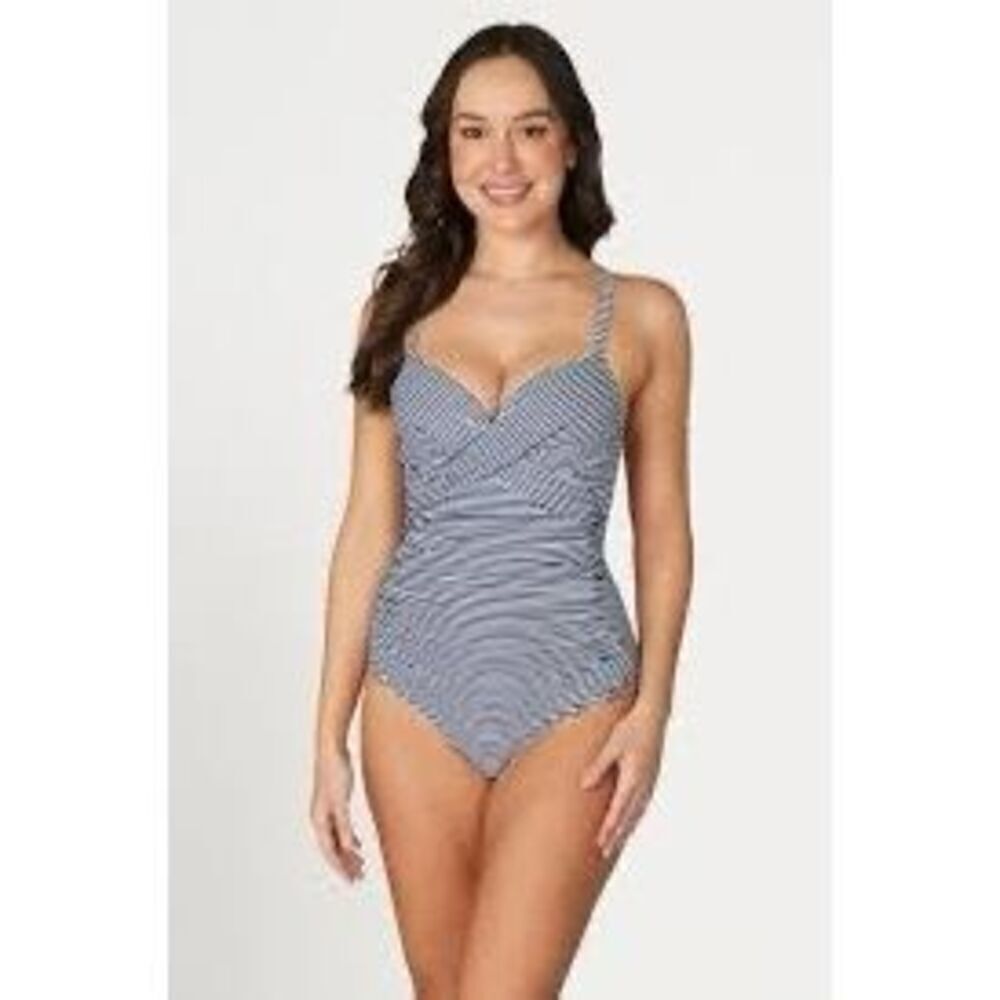 Niptuck Swim 14 Multi Fit Cup One Piece Suit Blue White Stripe Preppy Nautical